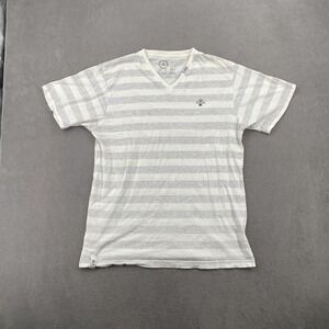LRG Mens V-Neck T-Shirt Large White Gray Striped Short Sleeve Cotton Tee Logo